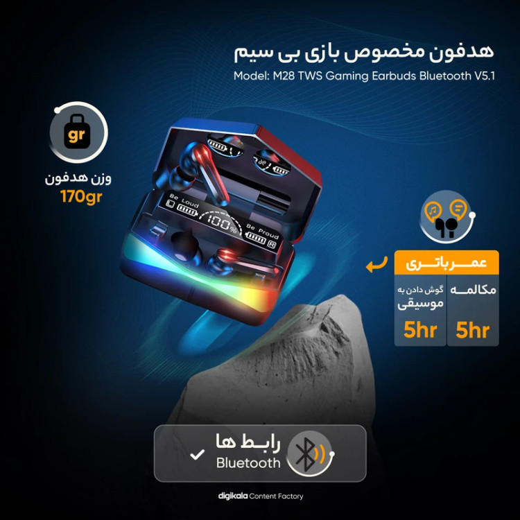 هدفون بلوتوثی مدل M28 TWS بدون قابلیت نویز کنسلینگ، درگاه شارژ USB Type-C، دارای صفحه نمایش LED برای نمایش میزان شارژ، باتری قابل شارژ تا 200 ساعت
