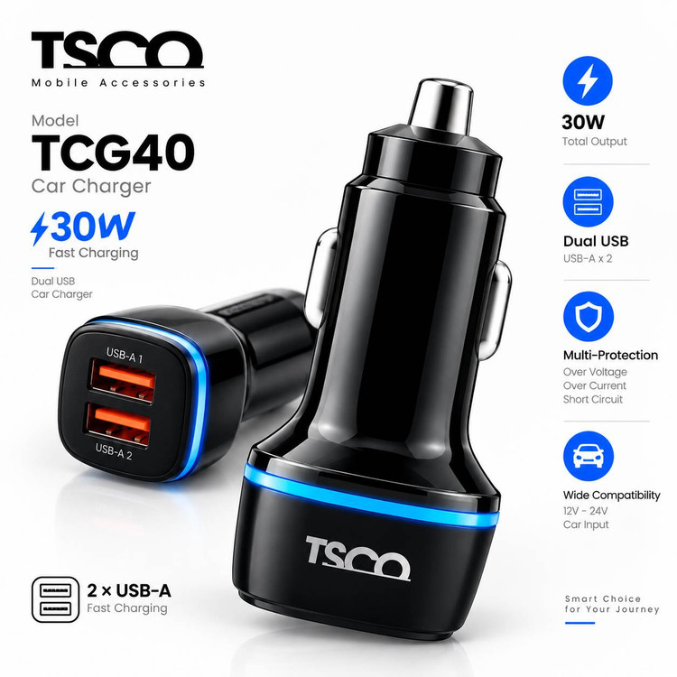شارژر فندکی تسکو مدل ۳۰W TCG40، همراه با کابل شارژ