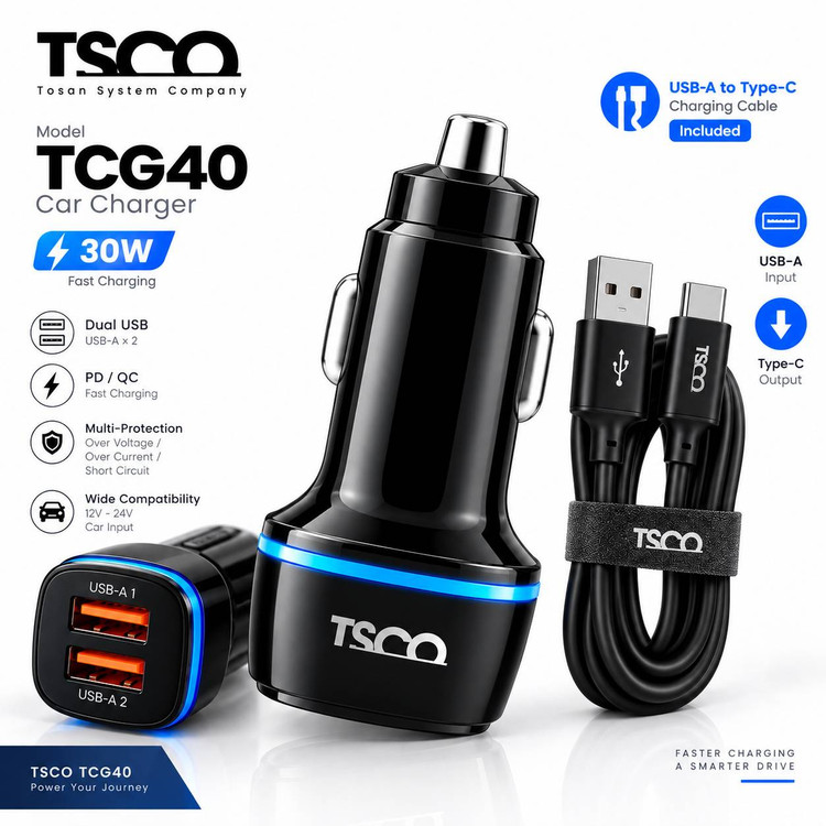 شارژر فندکی تسکو مدل ۳۰W TCG40، همراه با کابل شارژ