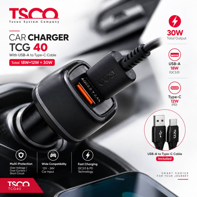 شارژر فندکی تسکو مدل ۳۰W TCG40، همراه با کابل شارژ