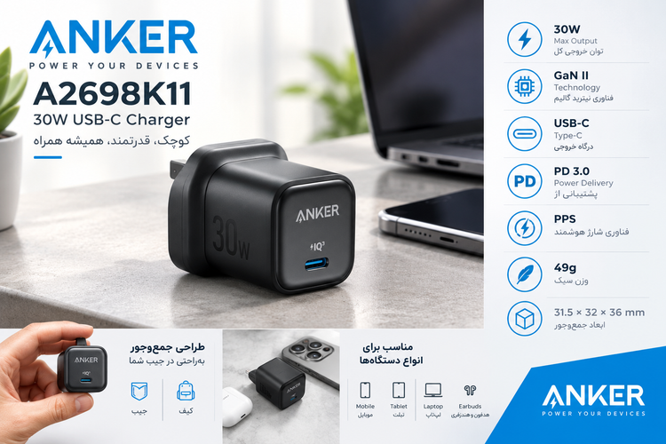شارژر دیواری انکر ZOLO مدل A269811 ، توان 30 وات