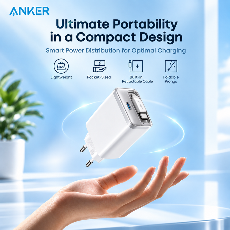 شارژر دیواری Anker Nano 35W مدل A2658 همراه با کابل USB-C جمعشونده