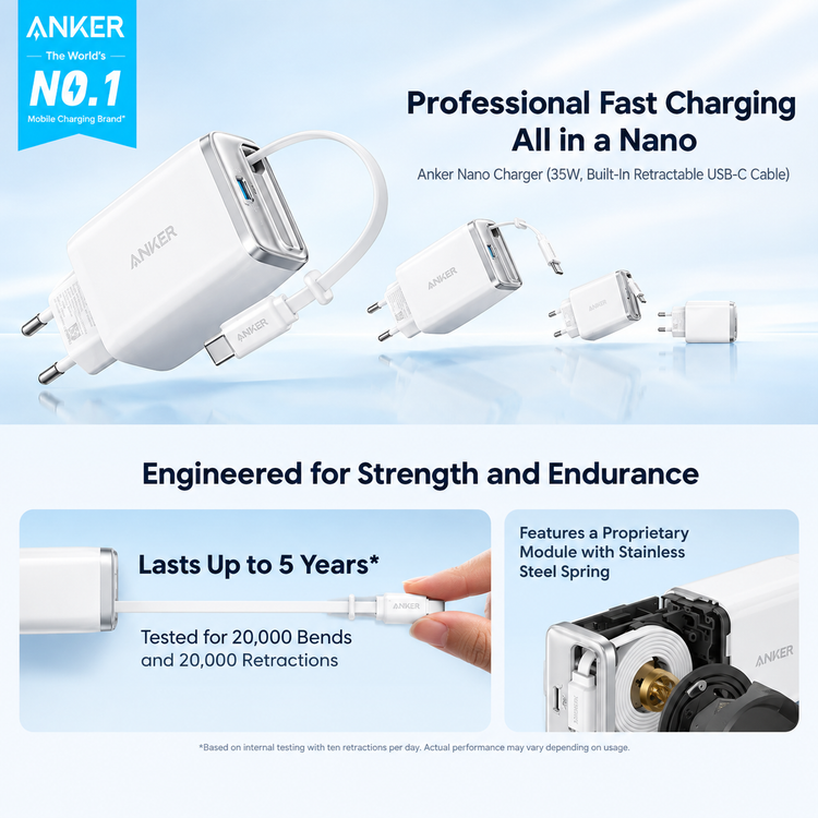 شارژر دیواری Anker Nano 35W مدل A2658 همراه با کابل USB-C جمعشونده