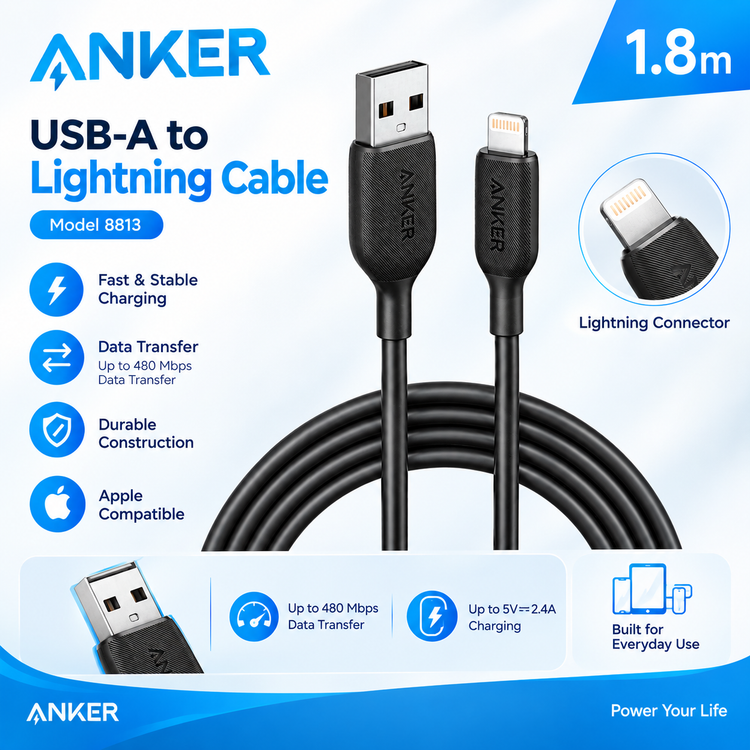 کابل تبدیل USB به Lightning انکر مدل A 8813 طول 1.8 متر