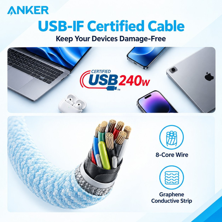 کابل شارژ سریع انکر مدل A8060، دو سر تایپسی، ۲۴۰ وات